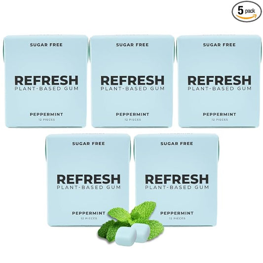 Refresh Gum, Xylitol, Natural, Sugar Free, Chewing Gum, Plastic Free, Natural Flavors & Organic Ingredients, Non GMO, Gluten Free, Vegan, 12 Count (Pack of 5), Peppermint