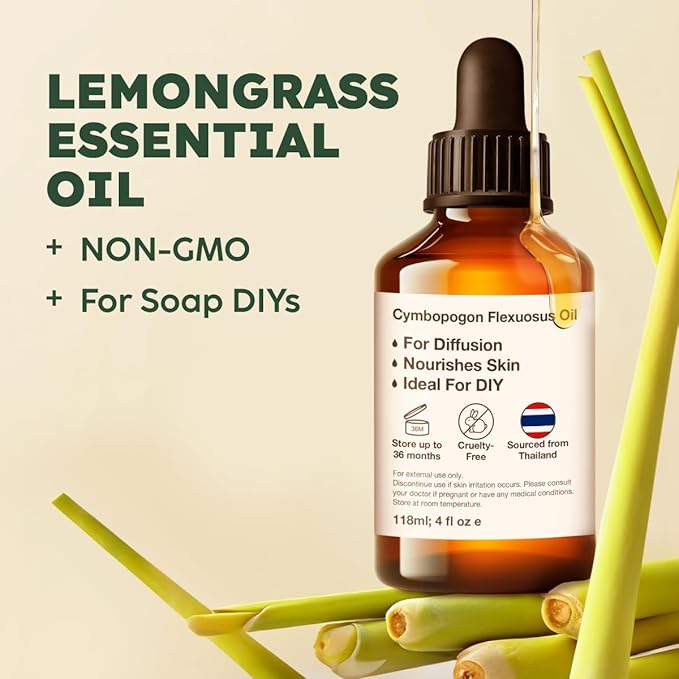 KUKKA Lemongrass Essential Oils - 4 Fl Oz - for Hair, Skin, Diffuser, Aromatherapy & DIY Soap Making Scent