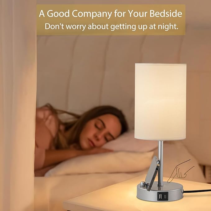 Briever Touch Control Table Lamp for Bedroom, 3-Way Dimmable Nightstand Lamp with USB Charging Ports, Bedside Desk Lamp with Silver Base Phone Stand & Linen Fabric Shade, Bulb Included