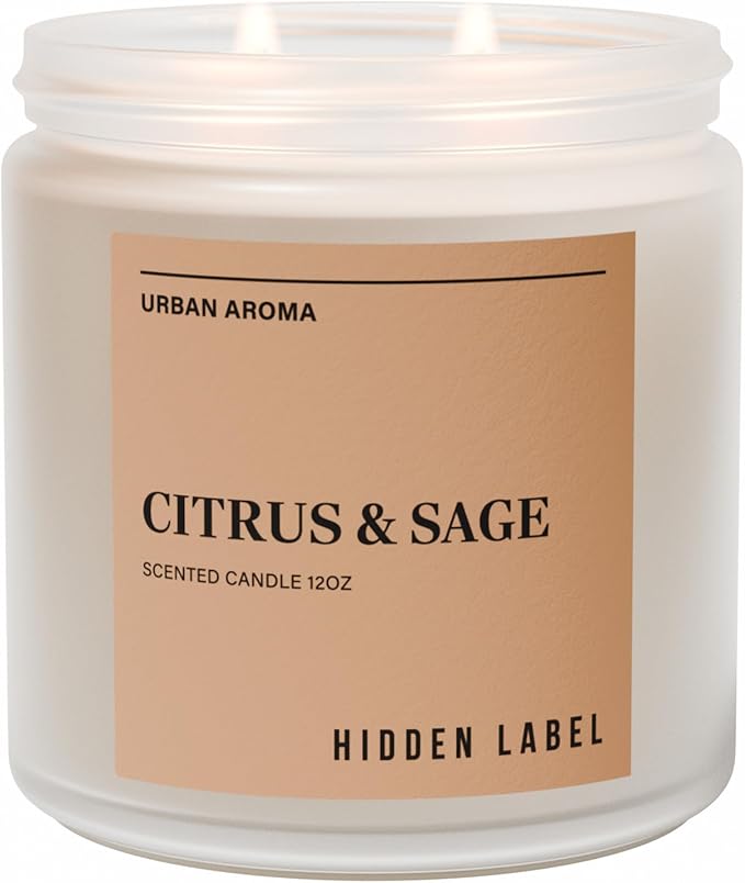 Hidden Label Citrus Sage Scented Candle, 12oz 2 Wick Natural Soy Non Toxic Candles, Clean Burning Long Lasting Aromatherapy for Home | Gifts | Décor,Premium Scents for Relaxation & Stress Relief