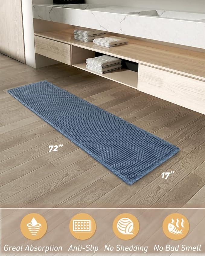 AMOAMI Upgraded Waffle Runner Rug Super Absorbent Non Slip Bath Mats for Bathroom Machine Washable Bathroom Runner Rug with Tassels, Ideal for Hallway Bedroom Laundry Room, 17" x 72", Blue
