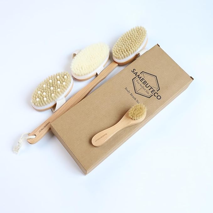 5 Packs Dry Brushing Set Natural Body Brush Wood Long Handle with 3 Detachable Heads, 1 Face Brush,Natural Boar Bristle Exfoliator for Lymphatic Drainage and Cellulite,Back Scrubber