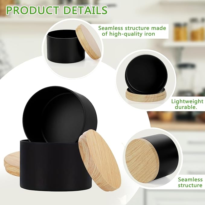 ABK 24PCS 4oz Black Candle Tins With Wood Grain Lids, Matte Jars for Candle Making, Empty Metal Container