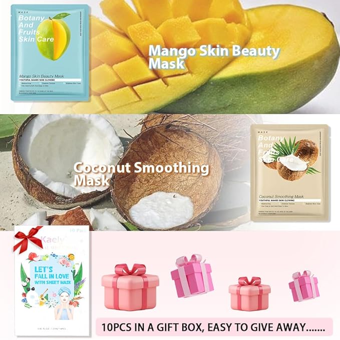 Kaely 10 Pack Variety Sheet Masks, Spa Party Face Masks for Kids Skin Care, Facial Mask Skincare Set Korean, Moisturize Nourish for All Skin Types, Christmas Gifts for Women Men Girls, Set12