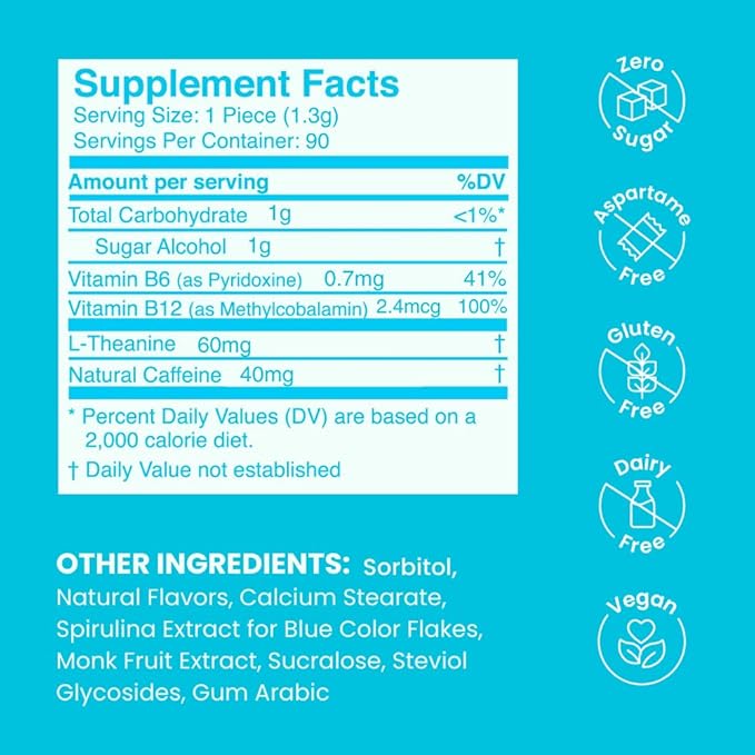 NeuroGum Energy & Focus Mints (90 Count Bag, Peppermint) | 40mg Natural Caffeine + L-Theanine + Vitamin B12 & B6 | Sugar Free Nootropic Cognitive Brain Performance Supplement