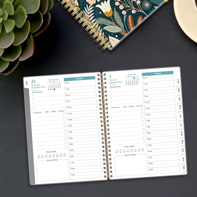 2026 Daily & Monthly Planner - One Page Per Day, Daily Planner 2026 from January 2026 to December 2026, Planner 2026 with 12 Monthly Tabs, 6.4" x 8.5", Flower-B