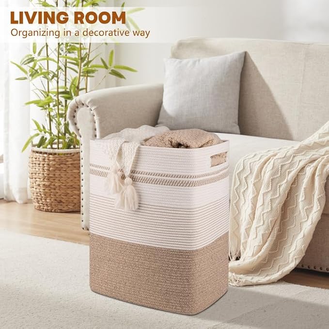 Laundry Hamper, Large Woven Rope Tall Laundry Basket with Handles, 22" X 17" X 13", Decorative Storage Basket for Clothes and Blankets in Living room, Bedroom, Brown Variegated
