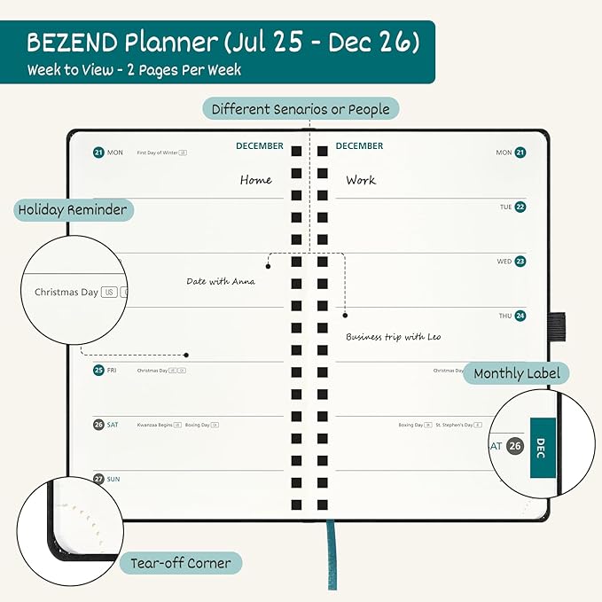 BEZEND Pocket Planner 2026 Weekly and Monthly (3.5" x 6"), 2-Column Calendar Book for Purse (Jul 25-Dec 26), Dual Schedule for Daily Appointment, Spiral Bound, PU Leather Softcover, Prussian Blue