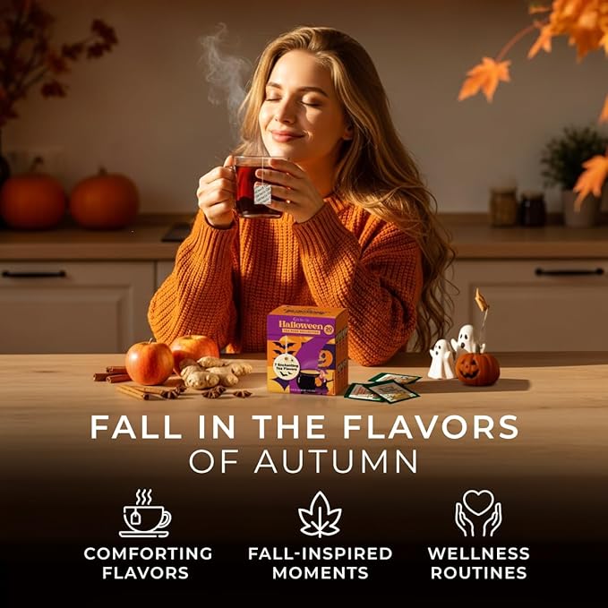 Gya Tea Co Halloween Assorted Tea Bags Variety Pack - 20 Bags 7 Seasonal Flavors - Caffeinated & Caffeine Free Holiday Tea Sampler Gift Set Box - Easy Brew, Natural Ingredients, Enjoy Hot or Iced