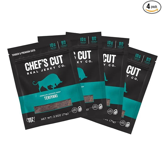 Chef's Cut Beef Jerky Meat, Teriyaki (2.5 Ounce Bags, Pack of 4) - High Protein, 10g Protein, 80 Calories, Gluten-Free, Premium Lean Smoked Beef, Keto Friendly Snack, Low Carb Snack