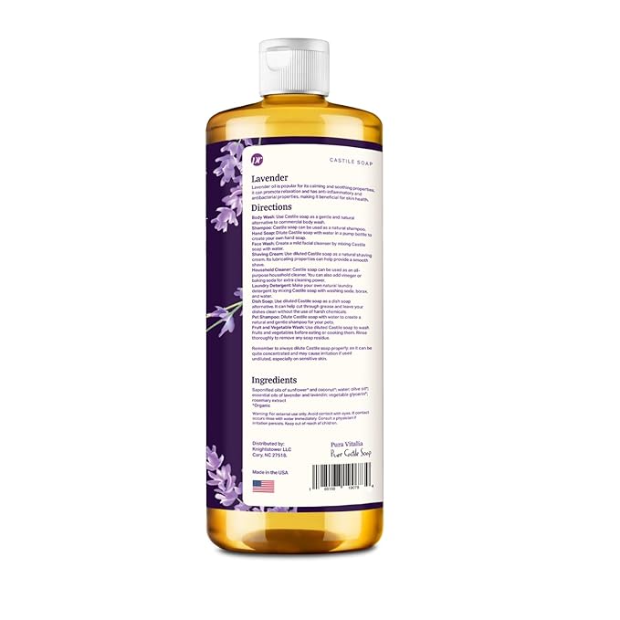 Lavender Organic Castile Soap | Body Wash & Cleanser for Face & Hands | Biodegradable, Eco-Friendly, Palm Oil Free, Vegan & Gentle | Made with 6 Natural Ingredients - 32 oz