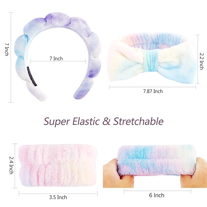 VELSCRUN Spa Headband, Makeup Face Wash Skincare Headbands, 6 Pcs Light Colorful Sponge Bow Tie Get Ready HairBand Facial Wristband Set, Stuff for Teen Girls Women Trendy Fashion Hair Accessories