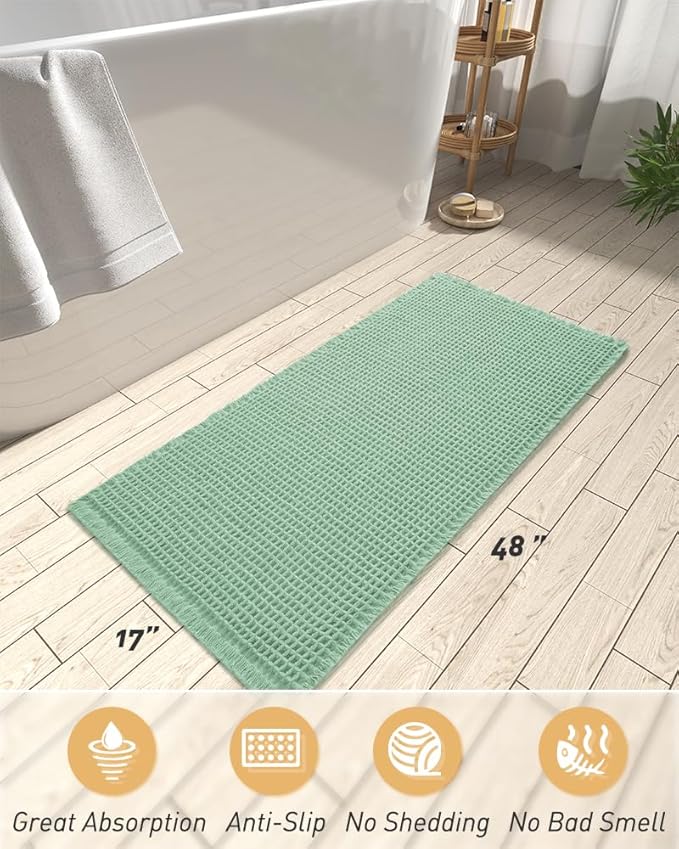 AMOAMI Upgraded Waffle Runner Rug Super Absorbent Non Slip Bath Mats for Bathroom Machine Washable Bathroom Runner Rug with Tassels, Ideal for Hallway Bedroom Laundry Room, 17" x 48", Sage