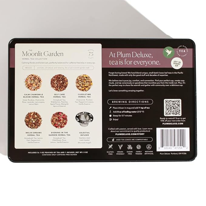 Moonlit Garden Collection Assorted Herbal Tea Gift Set - Hand-Crafted Loose Leaf Teas, Presentation Gift Box with Loose Leaf Steeper Included, Sleepytime Tea - 5 Unique and Flavorful Teas, 75+ Cups