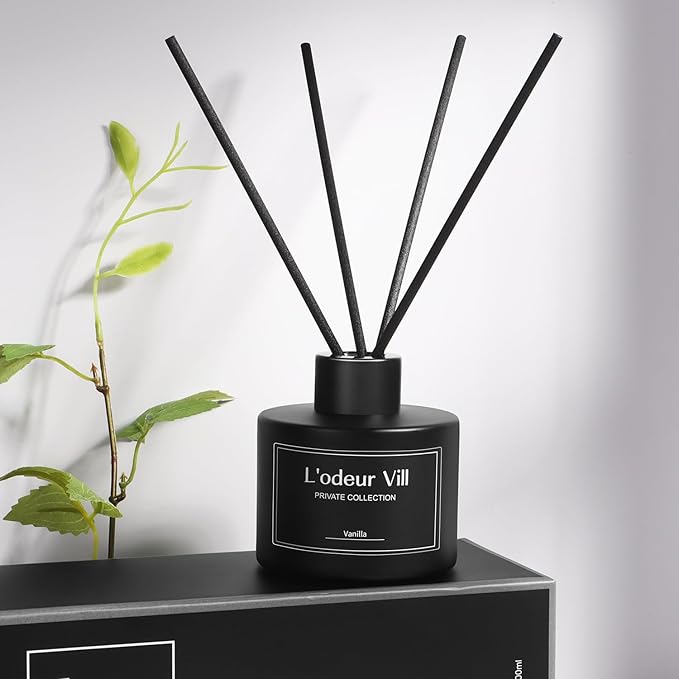 L'odeur Vill Reed Diffuser, 3.4oz(100ml) Vanilla Reed Diffuser Set with 6 Oil Diffuser Sticks, Matte Black Aroma Scent Diffuser, Long Lasting Home Fragrance for Bathroom Shelf Decor