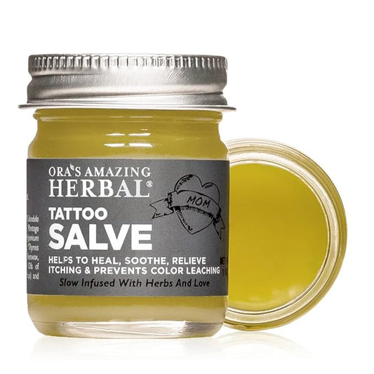 Ora's Amazing Herbal Tattoo Salve, Tattoo Aftercare Balm, Paraben Free Healing OIntment For New Tattoos, Brightening Moisturizer For Old Ink, Itchy Tattoo Relief Cream, Plastic Free, 1 oz Travel Size