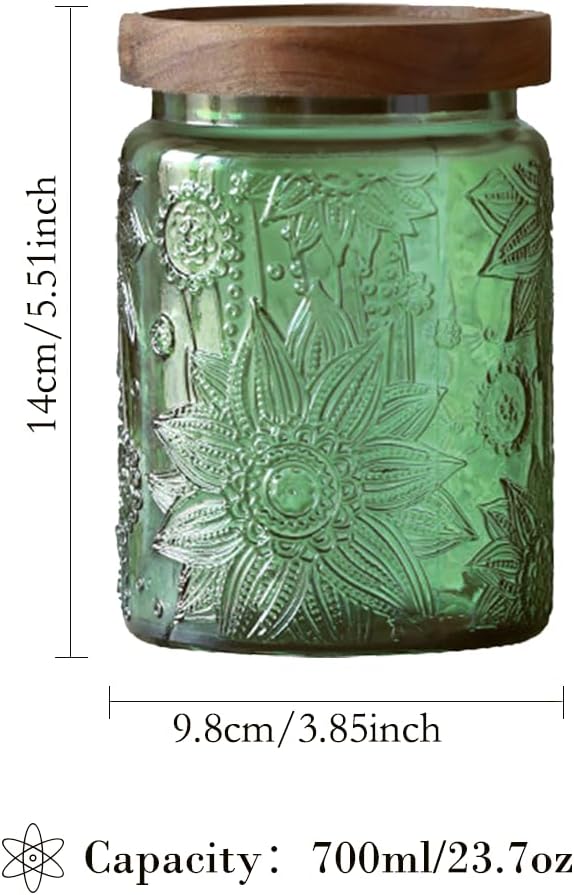 ANSQU Vintage 23.7oz Glass Storage Jar with Solid Wood Lid - Sunflower Kitchen Canister for Tea, Coffee, Candy, Cookies, Bath Salts & Laundry Detergent - Decorative Multi-Purpose Jar (Green, 1 Pack)