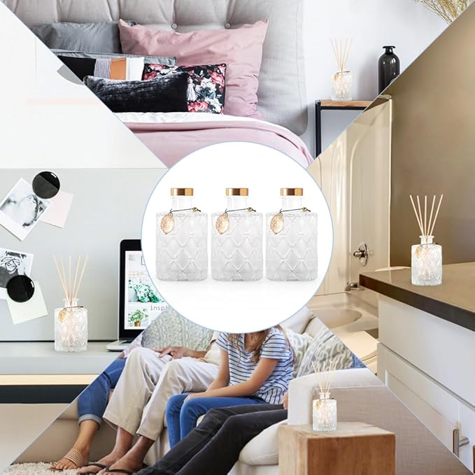 Glass Reed Diffusers Bottles for Home, Diffuser Bottles with 20PCS Reed Diffuser Sticks, Vintage Embossed Apothecary Style Flower Bud Vases with Cork Lids, Set of 3