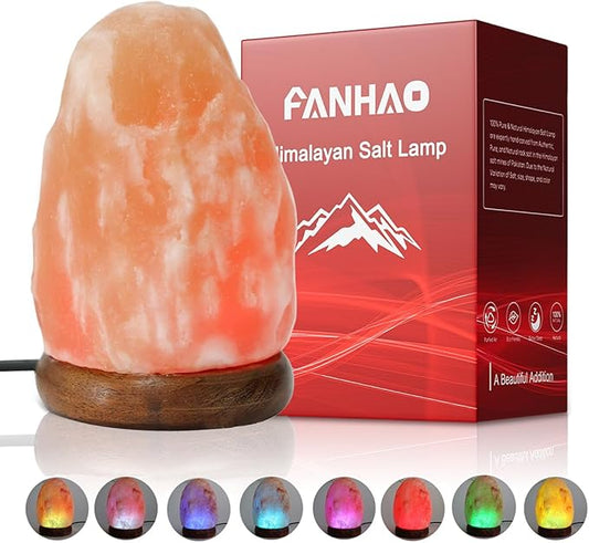 FANHAO USB Himalayan Salt Lamp with 8 Colors Changing, Natural Crystal Salt Rock Lamp Table Lamps for Gifts, Home Décor - Hand Carved, LED Bulb and Real Rubber Wood Base