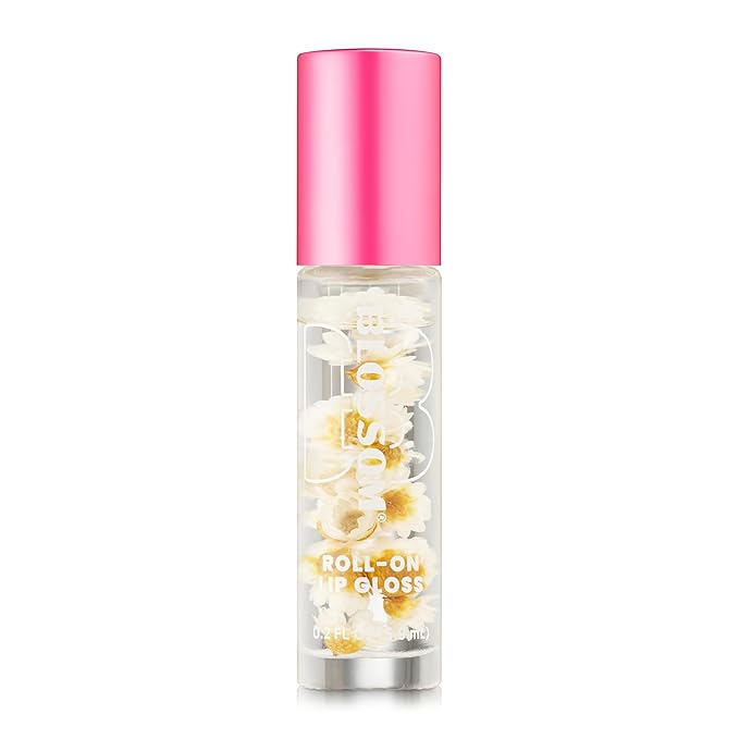 Blossom Roll on Lip Gloss, Gourmand Scented Clear High Shine Moisturizing Lip Oil, Non Sticky, Infused with Real Flowers, Made in USA, 0.2oz, Almond Biscotti