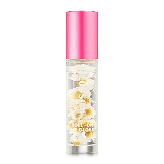 Blossom Roll on Lip Gloss, Gourmand Scented Clear High Shine Moisturizing Lip Oil, Non Sticky, Infused with Real Flowers, Made in USA, 0.2oz, Almond Biscotti