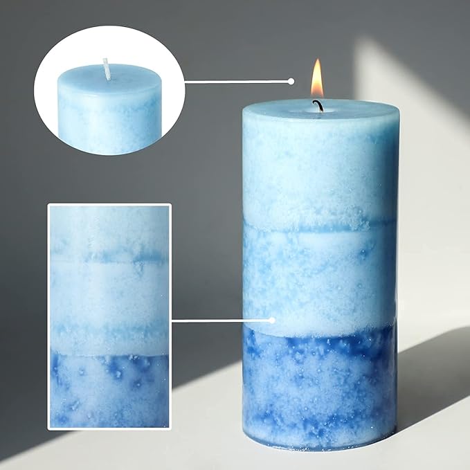 Lilac Scented Pillar Candles - 3 Pack Blue Layered 3x6 Inch Long-Lasting Clean Burning Decorative Candle for Home Decor and Bathroom Decorations
