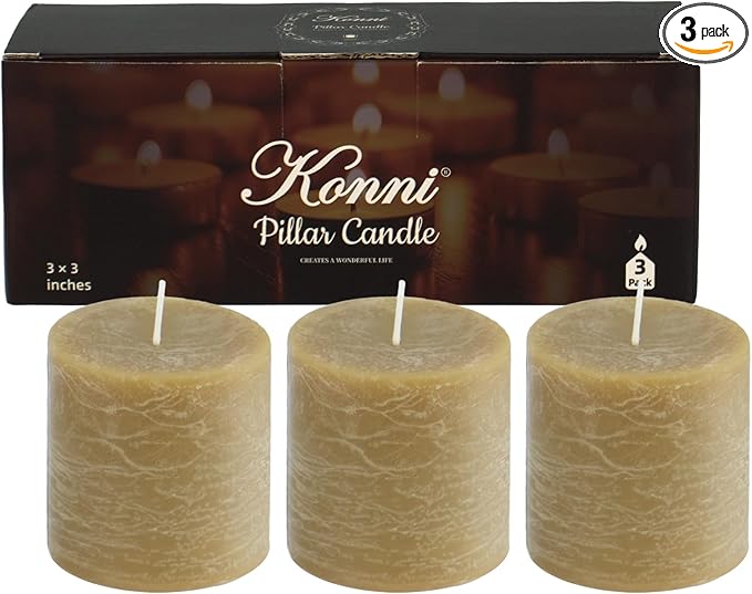 KONNI Wax Yellow Pillar Candles Set of 3, 3"x 3" Unscented Pillar Candles Bulk, 30 Hours Long Burning Candles, Smokeless&Dripless Large Round Candle for Wedding, Home Decoration, Parties, Spas, Dinner