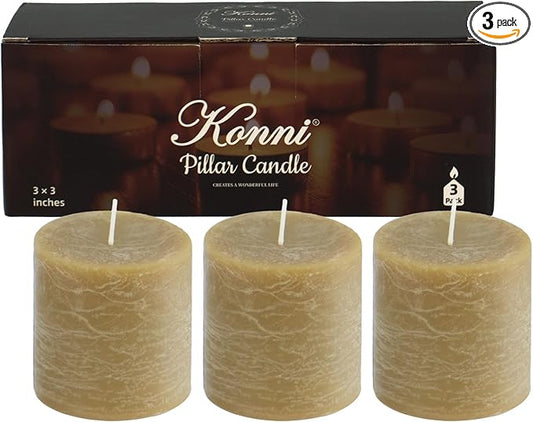 KONNI Wax Yellow Pillar Candles Set of 3, 3"x 3" Unscented Pillar Candles Bulk, 30 Hours Long Burning Candles, Smokeless&Dripless Large Round Candle for Wedding, Home Decoration, Parties, Spas, Dinner