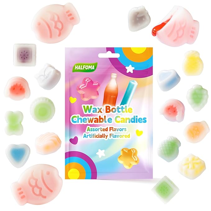 Halfoma Chewy Wax Bottle Candy with 3 Giant Fish - 30-Piece Assorted Fruit Flavors Chew Treats for Kids, Party Favors, Classroom Supplies,9.5oz
