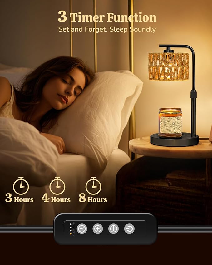 Candle Warmer Lamp, Timer Dimmable Wax Warmer, Adjustable Height and Brightness Candle Melt Lamp, Boho Rattan Lampshade and 2 Bulbs, Suitable for Home Decor, Birthday Gifts for Women Mom (Black)