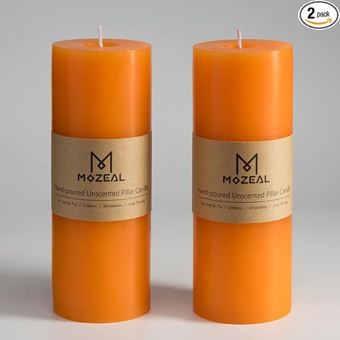 MOZEAL 3" x 8" Hand-Poured Unscented Large Candle,Smokeless Rustic Pillar Candle Set of 2,Slow Burn,No Drip,Approx 150 Hours Burning,Wedding,Dinner,Christmas and Home Decorative,Tall Orange Candle