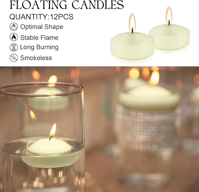 12-Pack Ivory Floating Candles (2") - Waterproof Wedding/Party/Spa Decor, Long-Lasting Burn