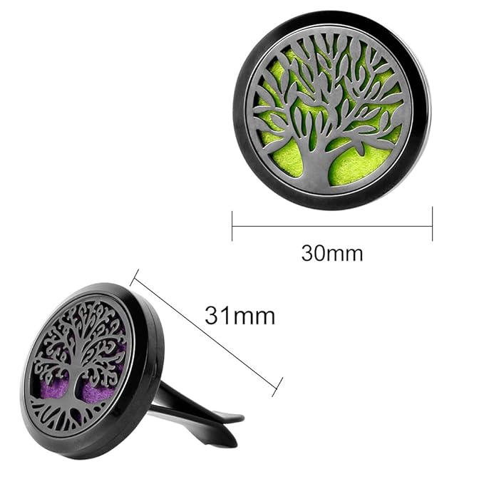 2PCS Tree of Life Car Diffuser Aromatherapy Essential Oil Black Stainless Steel Locket with Vent Clip 12 Felt Pads