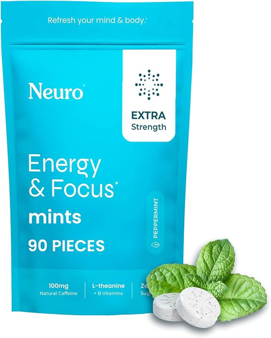 NeuroGum Extra Strength Energy & Focus Mints (Peppermint, 90 Pieces) | 100mg Natural Caffeine + L-Theanine + Vitamin B12 & B6 | Sugar Free Nootropic Cognitive Brain Performance Supplement