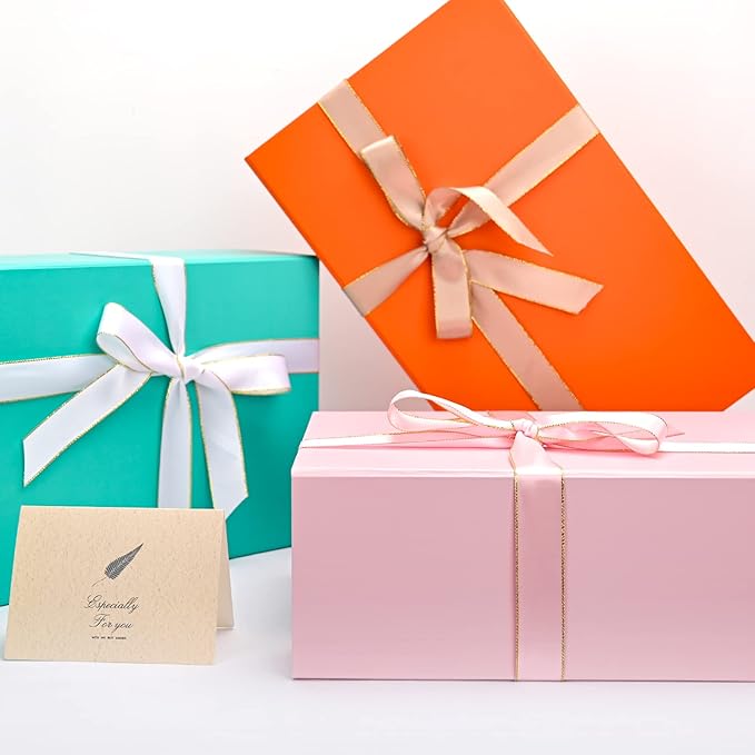 LIFELUM Gift Boxes for Presents, Extra Large Gift Box 2 Pack 13.85 x 8.35 x 4.45 inch with Magnetic Lid Pink Gift Box With Ribbon, Card, Shredded Paper Filler