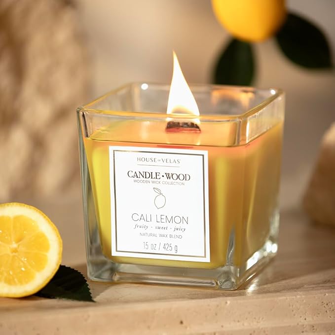 Candle Wood Collection, 15 oz, 1 Wooden Wick, Cali Lemon, Square Glass Jar Candle