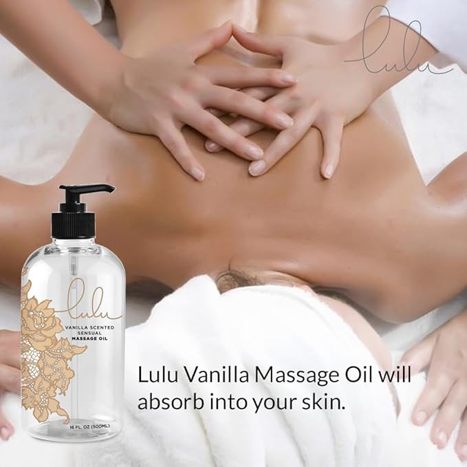 Lulu Vanilla Massage Oil with Fractionated Coconut & Cocoa Butter, Deeply Nourishing Non-Greasy Body Oil for Smooth Skin & Relaxation, for Date Night, Couples Massage & Massage Therapy, 16 fl oz Pump