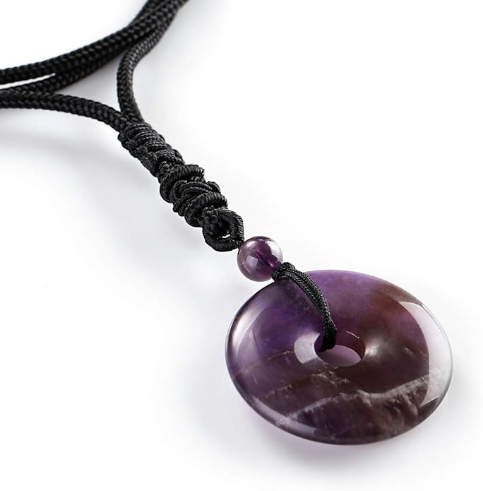 Jovivi 30mm Circle Donut Healing Crystals Necklace Natural Semi-Precious Chakra Gemstone Stone Amulet Lucky Coin Donuts Charm Protection Quartz Reiki Pendant Necklace for Men Women Adjustable Rope