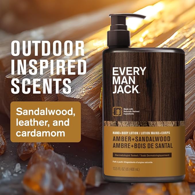 Every Man Jack Mens Amber + Sandalwood Hand & Body Lotion for All Skin Types - Dermatologist Tested & Hypoallergenic - Nourish Skin with Lightweight Fast Absorbing Lotion - 13.5oz 2 Bottles