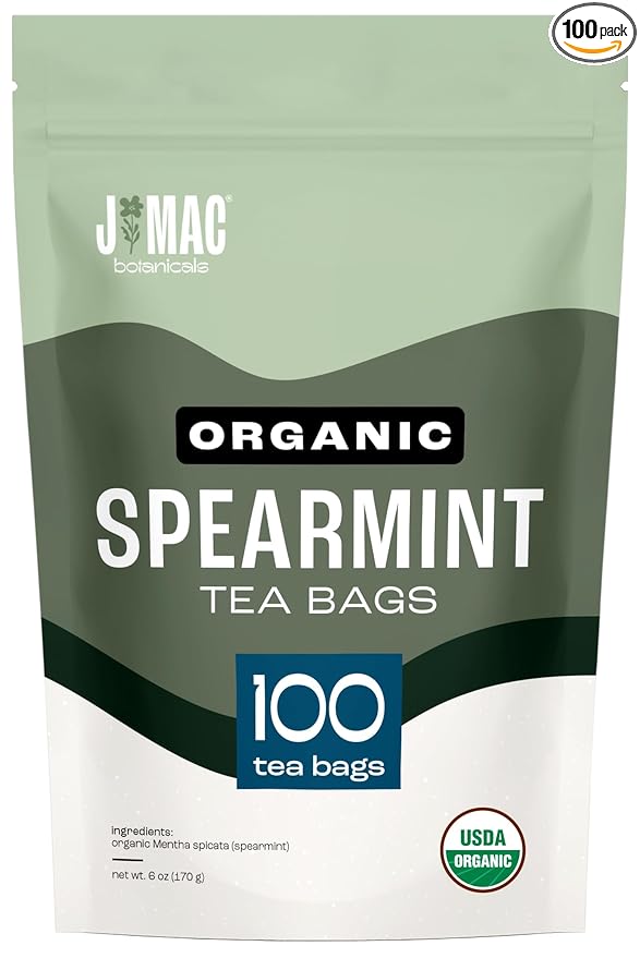 J Mac Botanicals Organic Spearmint Tea Bags (100 Count) - Certified by Organic Certifiers, Inc. - Quality Tea From Nile Valley, Egypt, Packaged in the USA