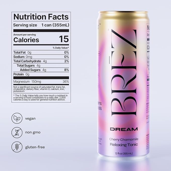 BRĒZ Dream Reishi Mushroom Drink, Non-Infused Relaxing Tonic with Reishi, Chamomile, Tart Cherry, Magnesium & L-Theanine, Vegan Adaptogen Drink for Sleep, Calm & Mood, 12 fl oz - 12 Pack