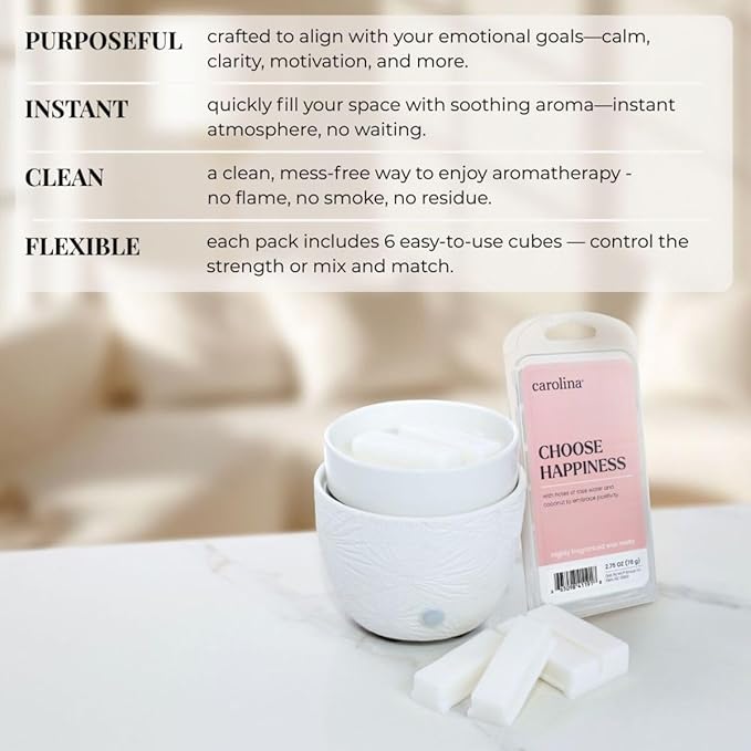 Carolina Choose Happiness Scented Wellness Wax Melts, Wax Melt Warmer Cubes, Long Lasting Scented Wax Warmer Cubes, 4 Pack, 6 Cubes Each - Made in The USA