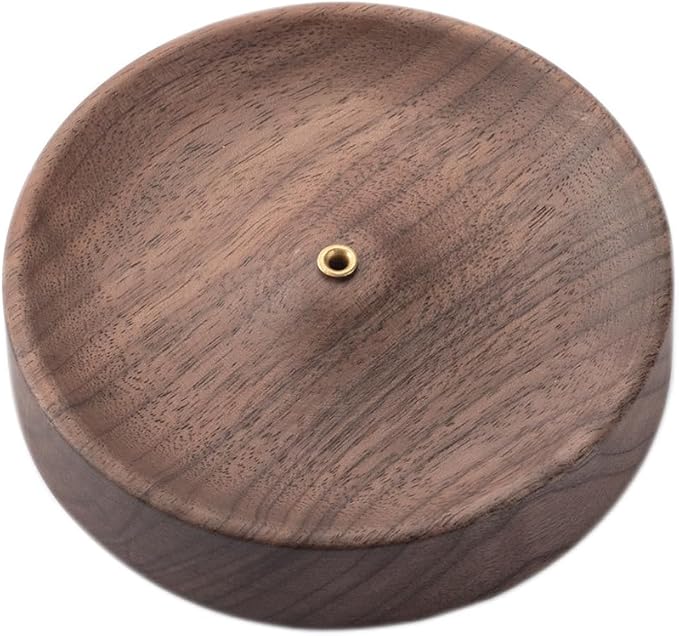 Black Walnut Incense Holder for Sticks - Round Wooden Incense Burner Tray, Handcrafted Natural Aroma Diffuser Bowl with Minimalist Design
