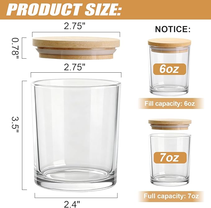 7oz Glass Candle Jars, 12-Pack Candle Jars for Making Candles, Empty Thick Glass Wide-Mouth Jars with Bamboo Lids & Wick Kits, Candle Containers Bulk - Clear
