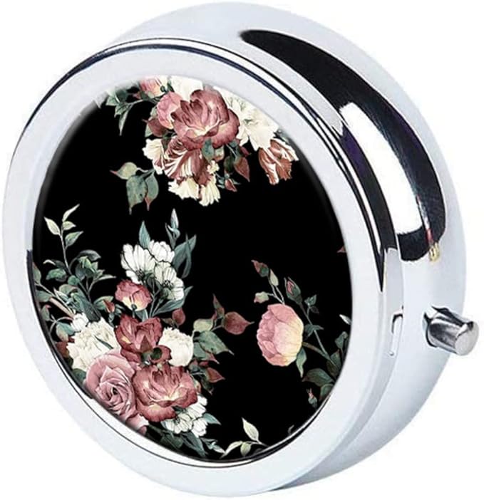 Beautiful Retro Flowers Pill Box Purse Pocket Small Round Silver Pill Case Decorative Box Metal Medicine Vitamin Pill Organizer Portable Unique Gift