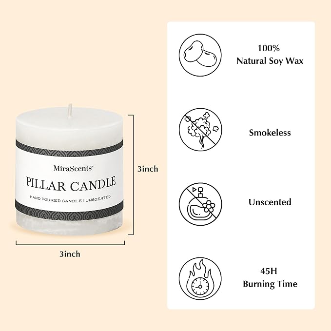 3x3 Inch White Pillar Candles - Set of 3, Hand-Poured Unscented, Long Burning, Smokeless Dripless for Dinner Table, Wedding, Home, Bathroom, Rustic Decor