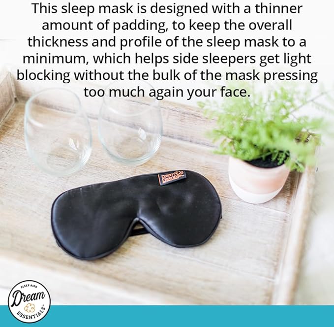 Dream Essentials Ultra Silk 360 Sleep Mask, Mulberry Silk Blindfold Eye Mask with 2 Fully Adjustable Straps, Thin Profile Night Mask Great for Side, Stomach, or Back Sleepers - Black