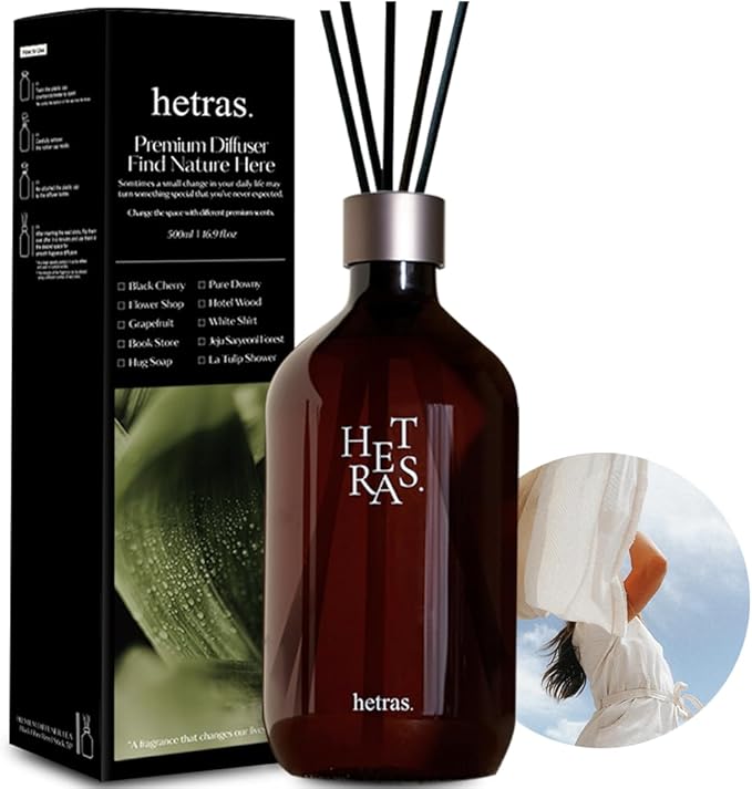 hetras Premium Reed Diffuser Set 16.9 fl.oz. 1 Pack | Pure Laundry - Fresh & Warm Scent | Long-Lasting Luxury Fragrance with 10 Reed Sticks for Home & Office | Gifts for Loved One