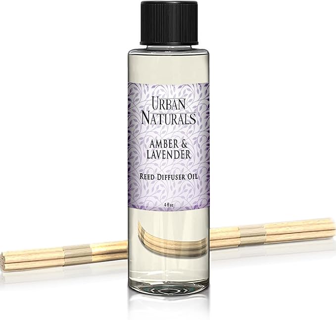 Urban Naturals Reed Diffuser Oil Refill Amber & Lavender, Soothing Lavender, Warm Amber, Calming Room Scent, 4 oz + Free Reed Sticks, Made in The USA