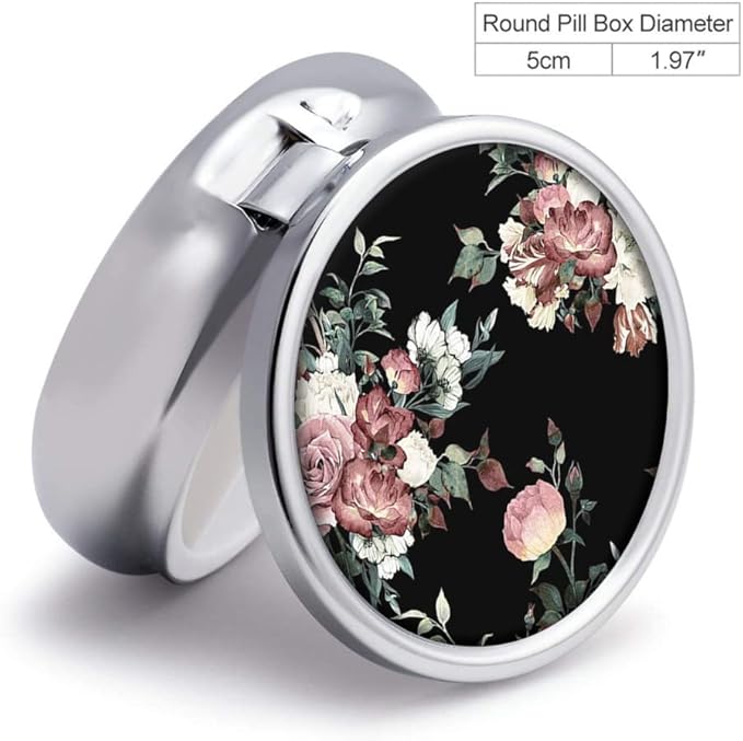 Beautiful Retro Flowers Pill Box Purse Pocket Small Round Silver Pill Case Decorative Box Metal Medicine Vitamin Pill Organizer Portable Unique Gift